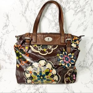 Fossil Brown Floral Print PVC Coated Leather Tote Bag Boho Style